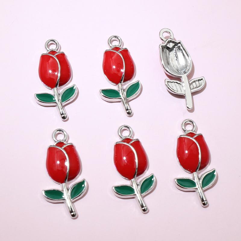 20pcs 21x10mm Enamel Rose Bud Flower Charms Pendant Alloy Metal DIY Jewelry Making Accessories Findings for Necklace Earrings