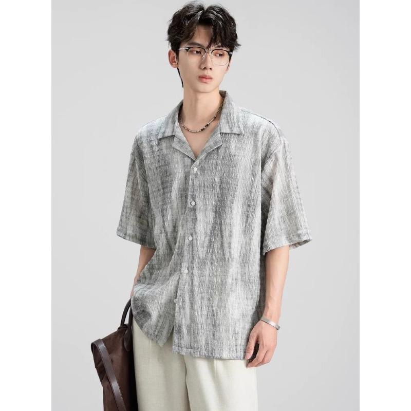 Mens Striped Knit Short Sleeve Button Down Shirt