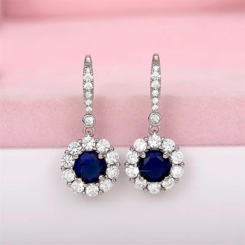 Элегантные Круглые Цветочные Серьги-Подвески из Стерлингового Серебра с Синим Фианитом Ослепительные CZ Женские Свадебные Аксессуары Модные Серьги небесно-голубой
