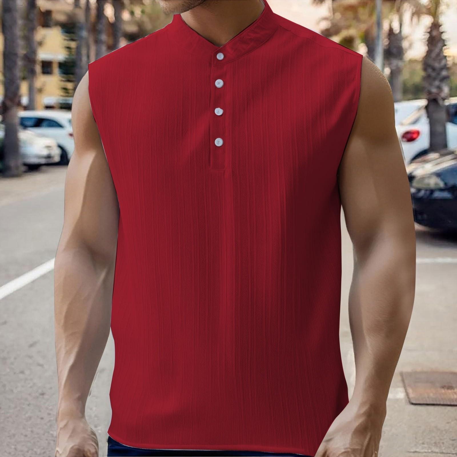 

Мужская однотонная повседневная рубашка с лацканами без рукавов L красный