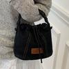 Vintage Denim Canvas Bag Solid Color Jeans Shoulder Bag Casual Drawstring Crossbody Bag  Streetwear