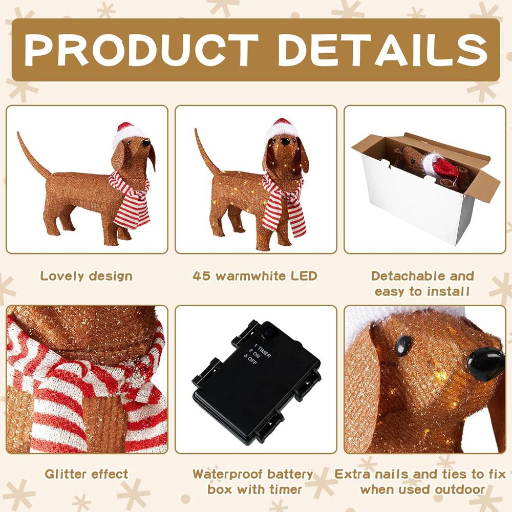 Christmas Lighted Dachshund Wiener Dog 2.3ft Christmas Tinsel Wiener Dog Christmas Holiday Decoration for Outdoor Indoor Yard