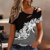 Women Flower Pattern Print Cold Shoulder Short Sleeve T Shirt Irregular Cutout Neck Casual Summer Blouse Top