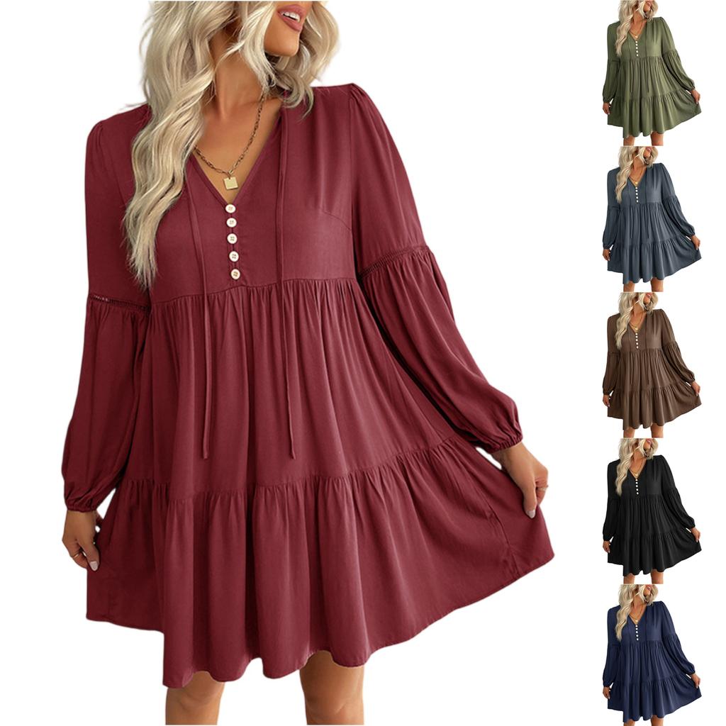 Women's Fashionable Solid Color Long Sleeved V-neck Pleated Casual Loose Dress