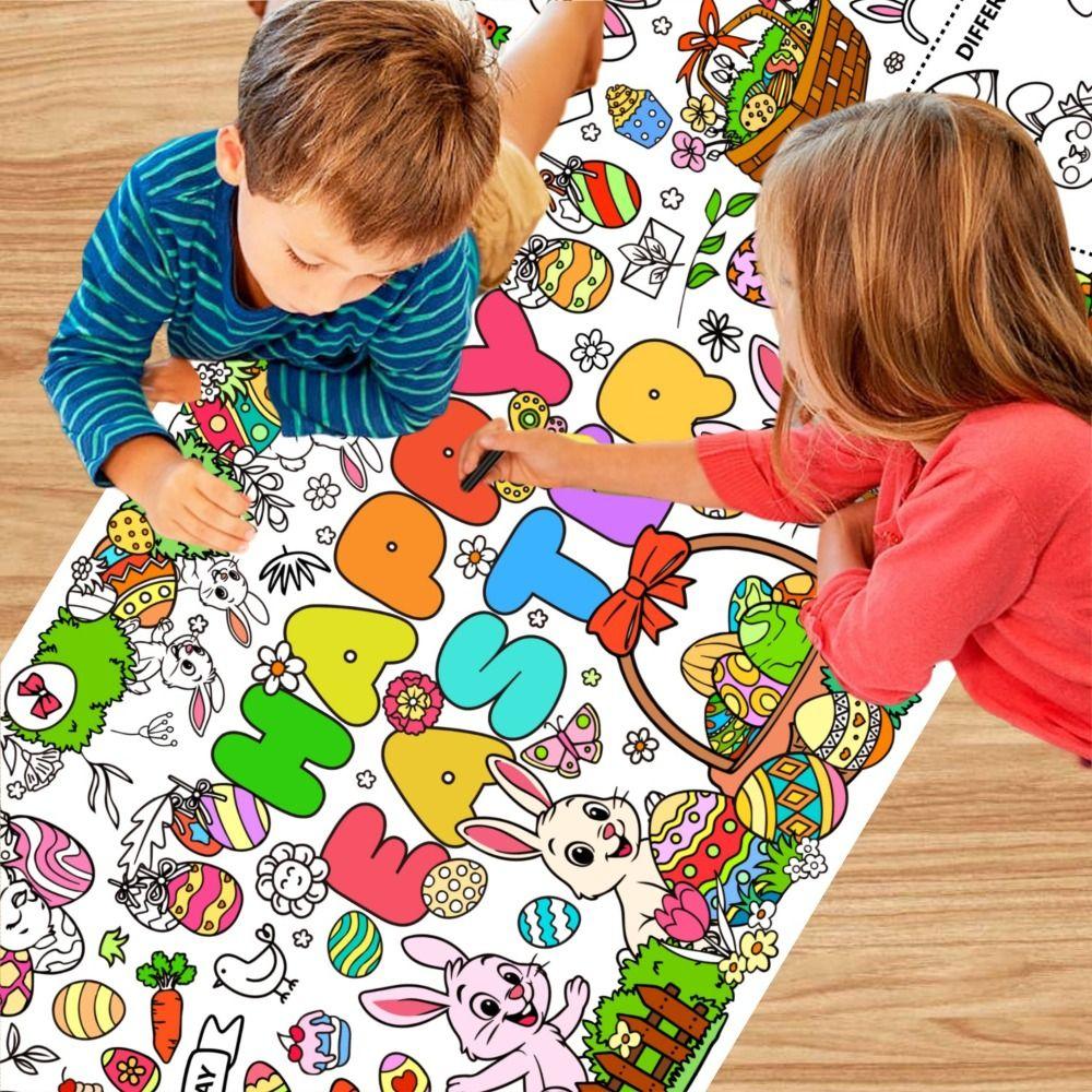 Pôster Gigante de Colorir Páscoa DIY Coelho de Desenho Animado Banner Gigante para Colorir Presente Arte Artesanato Toalha de Mesa de Páscoa