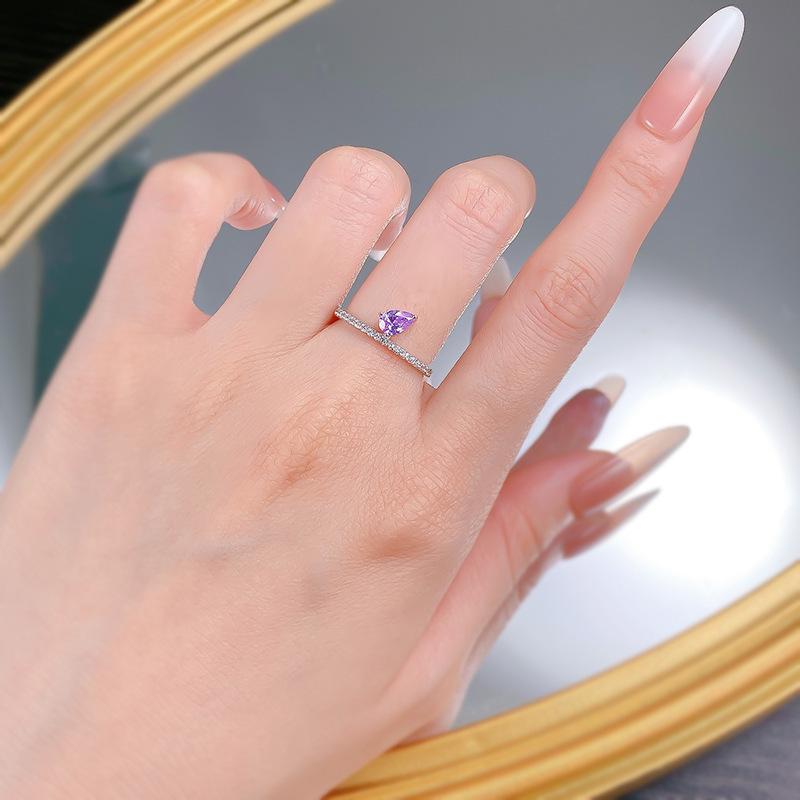 Luoxi Temple 925 Sterling Silver Purple Teardrop Minimalist Ring - 4x6mm Pear-Shaped Diamond