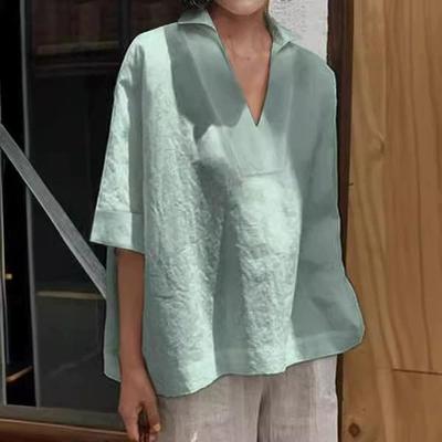 Summer Spring Cotton Linen Women Top White Solid Half Sleeve V-neck Loose Casual Blouse Female  Shirt Lady Clothes