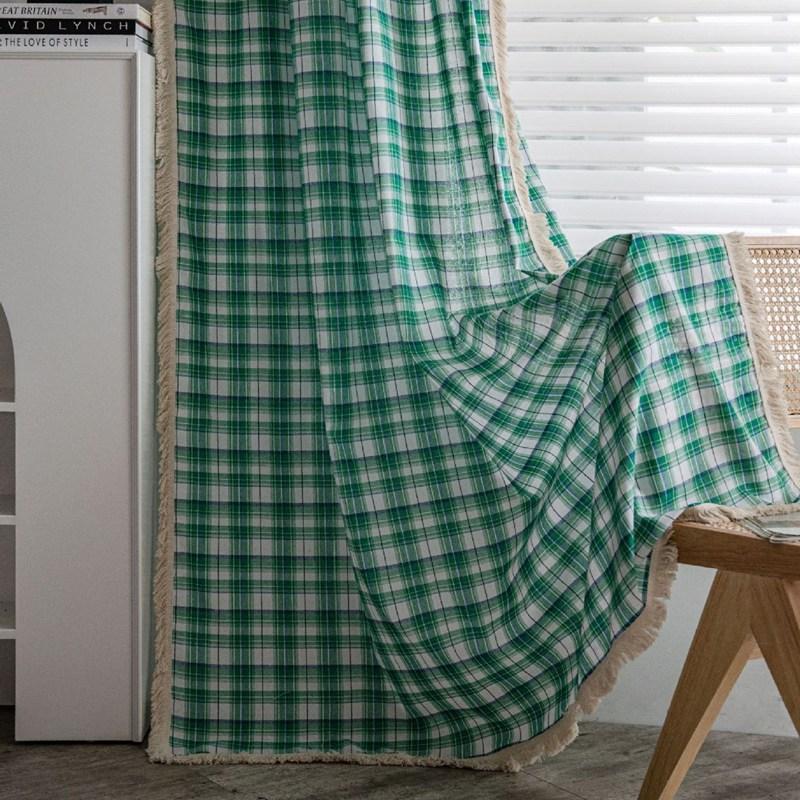 Green Plaid Yarn-dyed American Curtain Finished Kitchen Drapes Bay Window Curtain Semi-shading Living Room Bedroom Valance