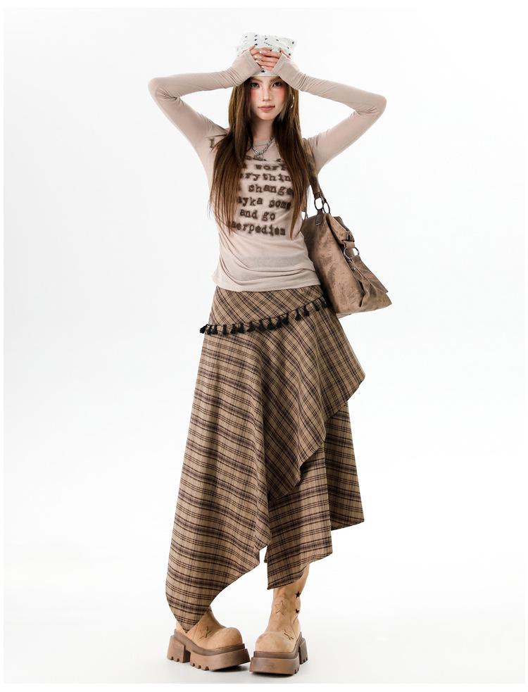 Women's Irregular Plaid Tassel A-line Skirt with Embroidery - High Waist, Slimming Fit, Mid-length for Autumn/Winter