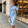 Simple Style Dress Women's Cocktail Party Bodycon Midi Dress, Long Sleeve 3D Women Casual Flower Ruched Formal Wedding Guest Evening Gown Retro