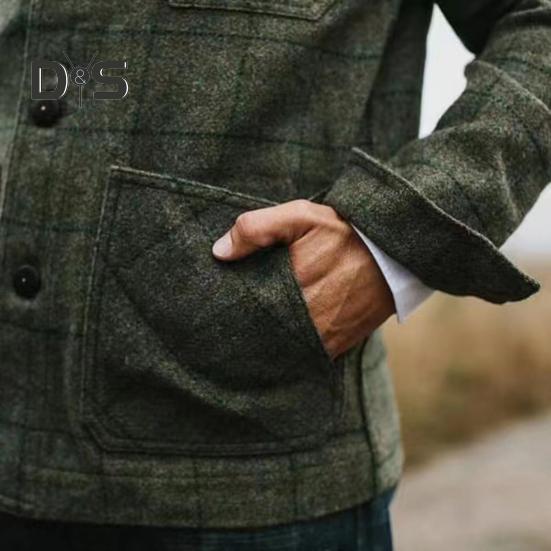Men Jacket Coat Lapel Long Sleeve Plaid Print Coat with Patch Pocket Single Breasted Loose Fit Casual Outwear