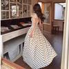 Polyester French Polka Dot Dress For Summer Beach Vacation With Short Princess Sleeves And Slim Fit