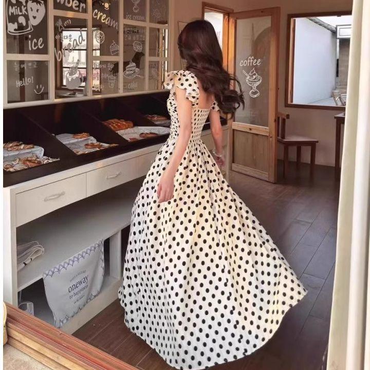 Polyester French Polka Dot Dress For Summer Beach Vacation With Short Princess Sleeves And Slim Fit