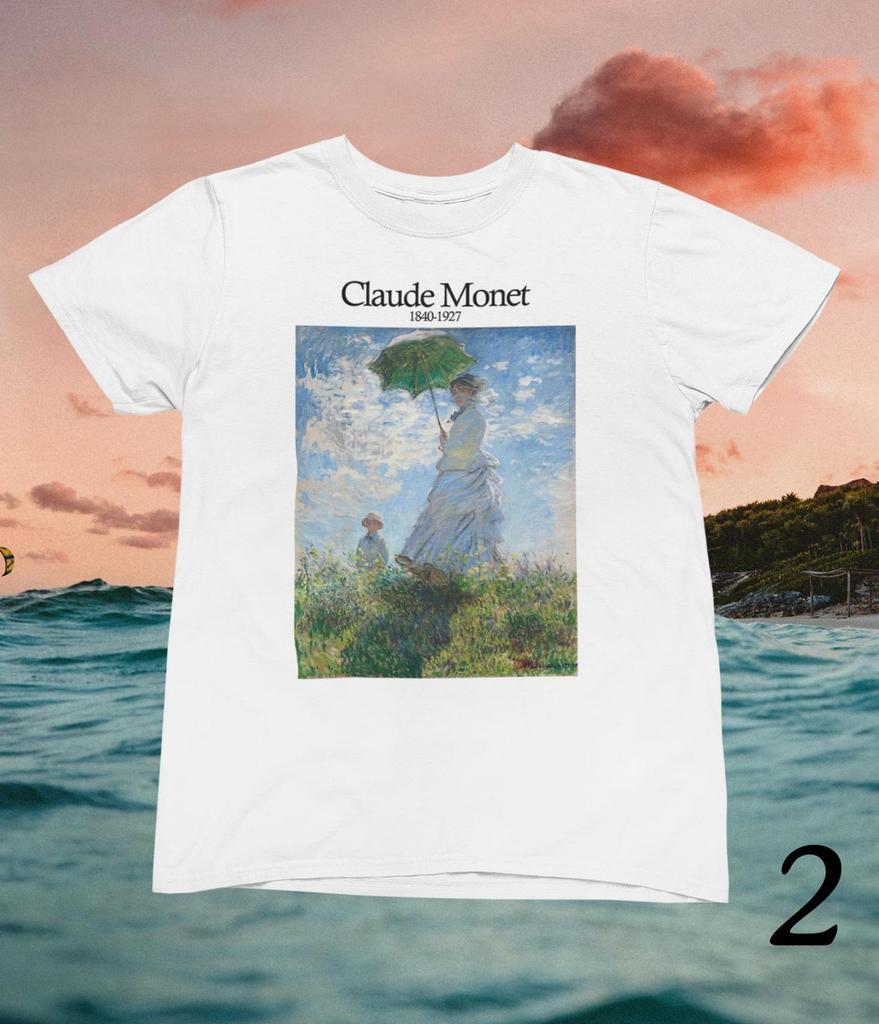 Claude Monet Kunst Zeichen T-Shirts / Selbstporträt mit Barett / Frau mit Sonnenschirm / 100% Premium-Baumwolle