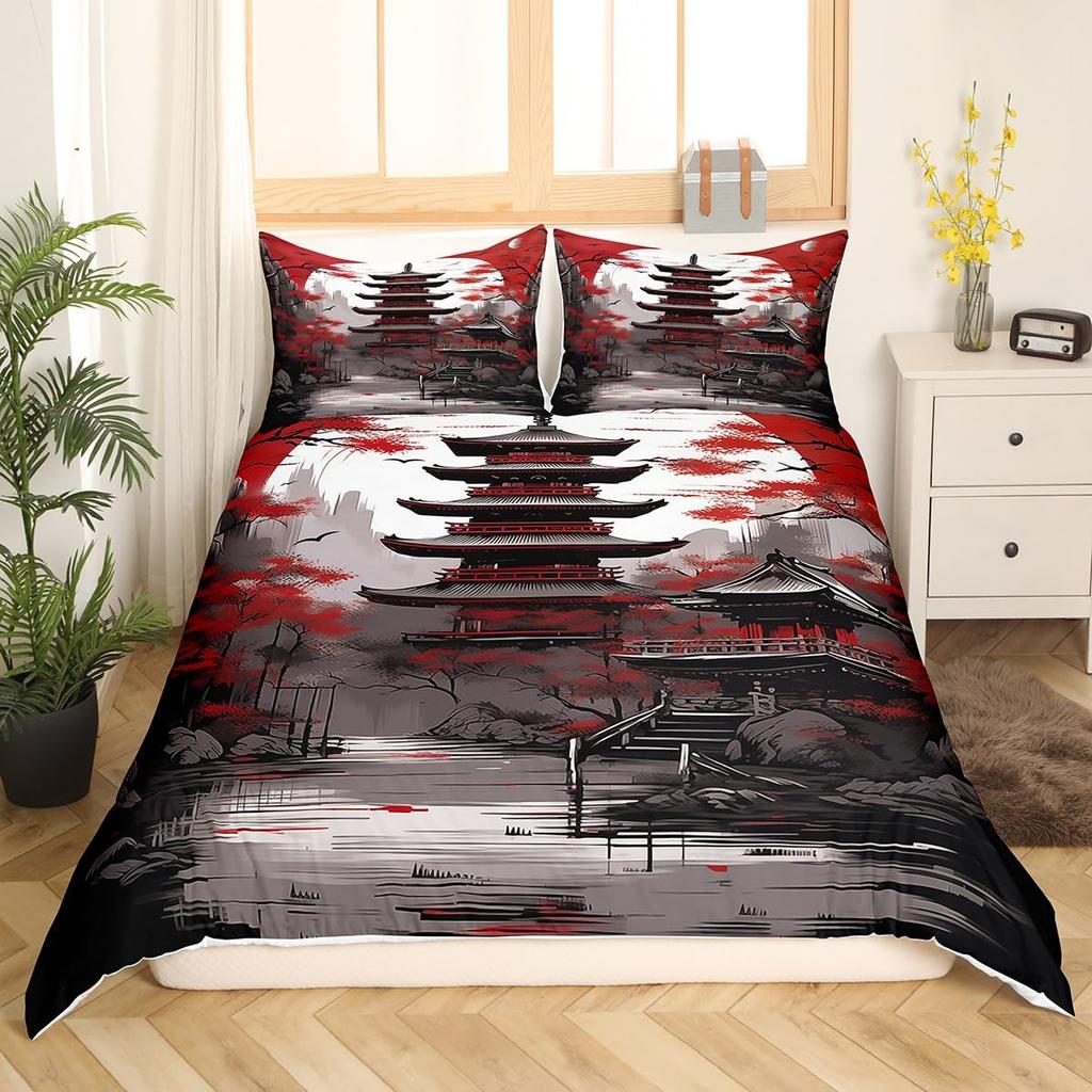 Ancient Chinese Architecture Duvet Cover for Teens Adults Quilt Covers Lightweight Down 2 Pillowcases 1 Duvet Cover No Comforter