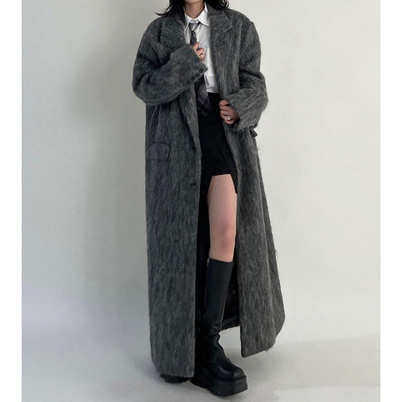 2026 Autumn/Winter Grey Korean French Hepburn Style Loose Wool Coat for Women XL