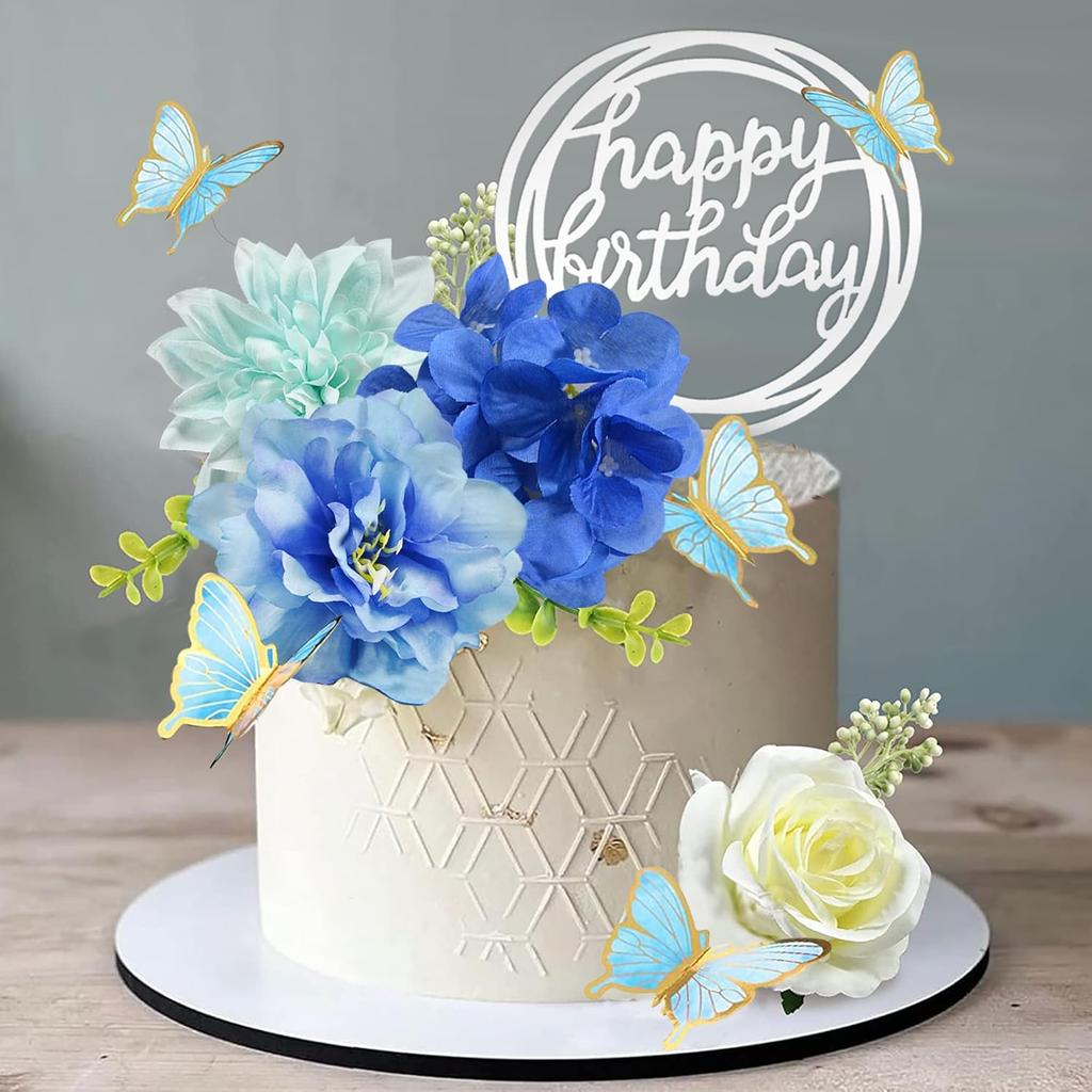 Flower Cake Toppers with Butterfly Happy Birthday and Artificial  Rose Flowers Eucalyptus Butterflies for Birthday Wedding
