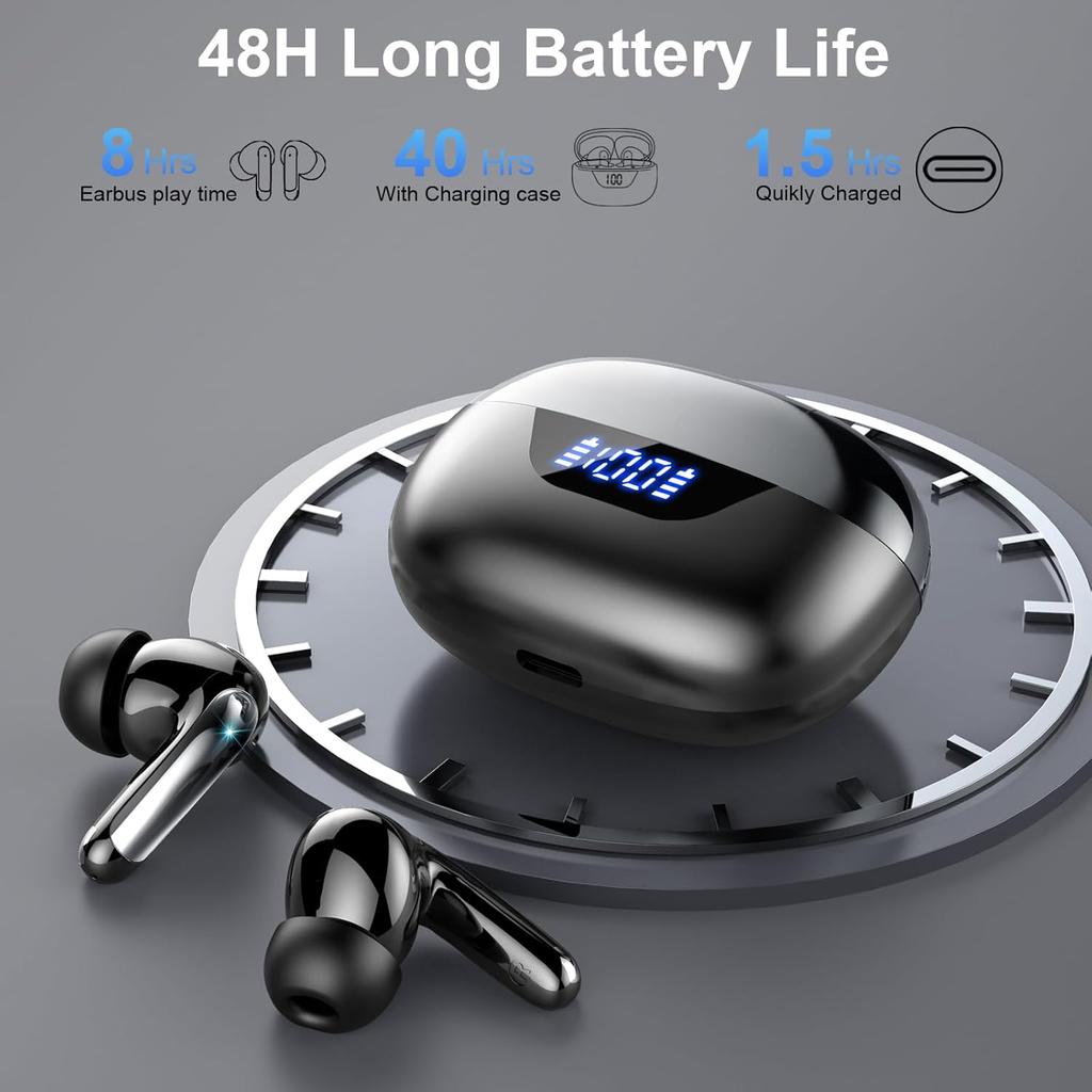 Wireless Earbuds Bluetooth 5.3 Headphones 48H Stereo Earphones in Ear with 4 ENC Mic Clear Calls, Noise Cancelling Ear Buds with LED Display Charging
