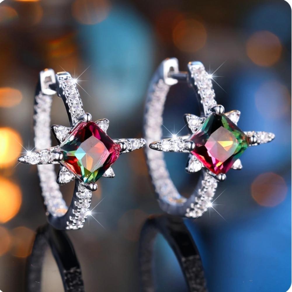 

Красный и зеленый циркониевый камень, квадратные серьги-кольца для женщин, милый женский очаровательный серебряный цвет, свадебные украшения, подарок разноцветный