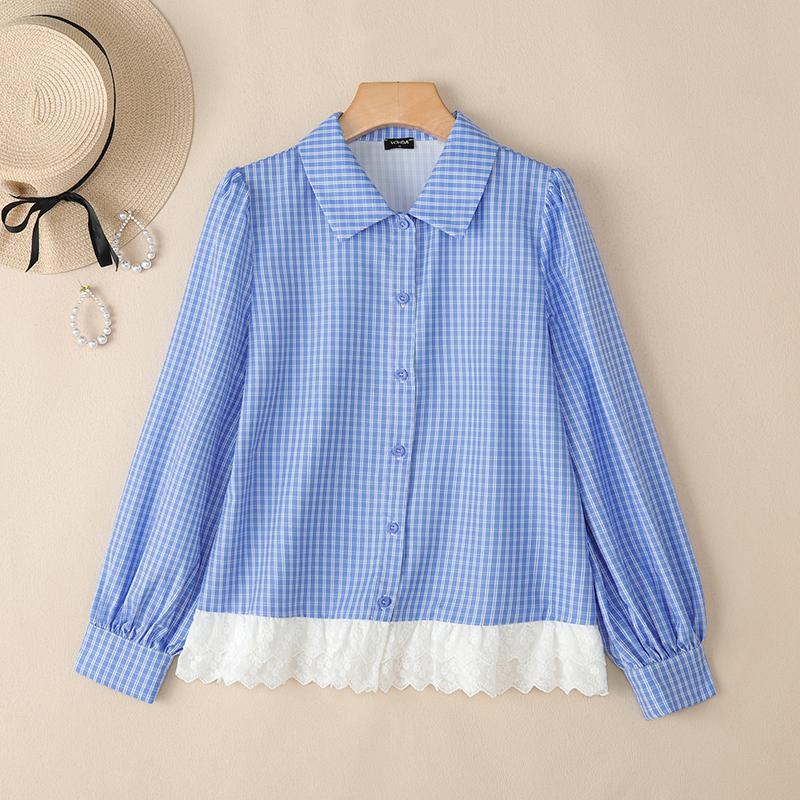 

VONDA Women Turn Down Collar Long Sleeve Patchwork Lace Hem Plaid Casual Shirts Blouse M