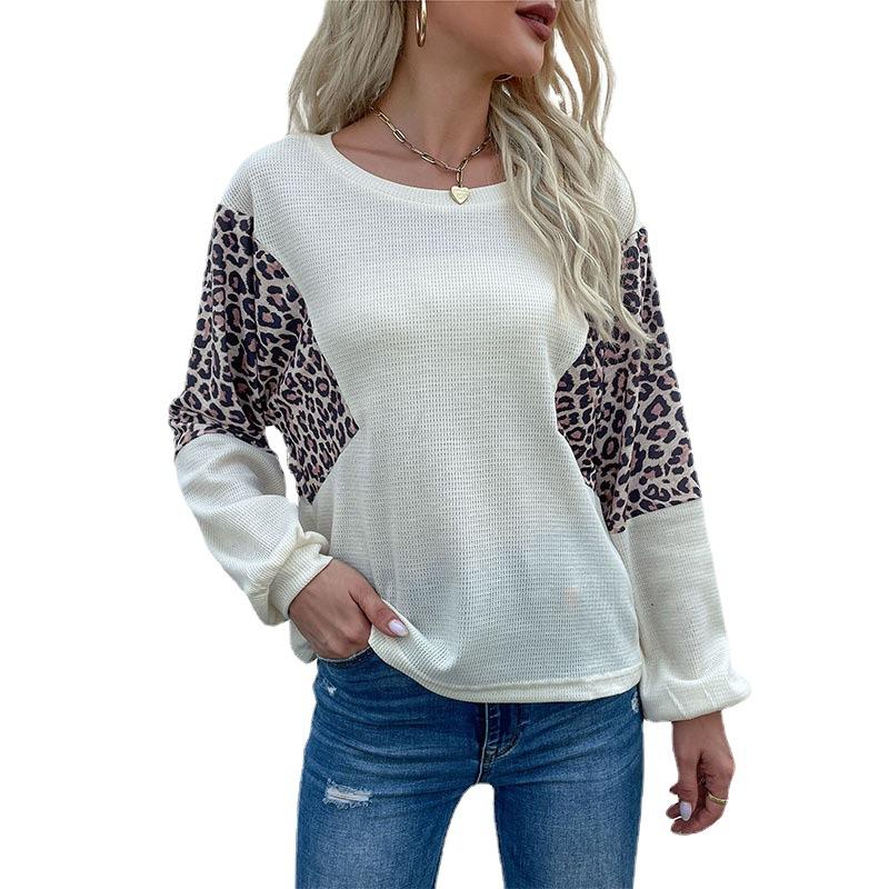 Moda Casual Tops Camisas Ropa Temperamento Moderno y Casual Otoño Mujer Suelto Cuello Redondo Bajo Estampado Leopardo Empalme Suéter de Punto
