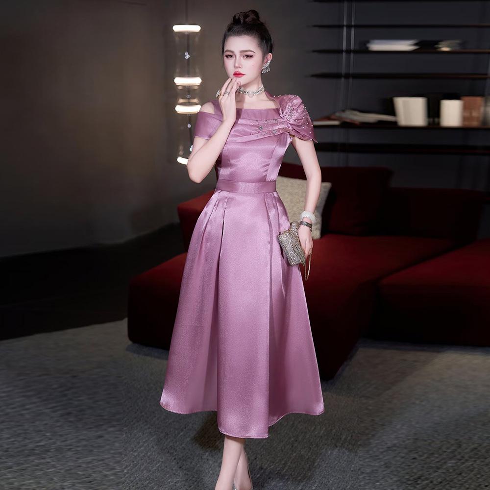 2026 French Spring/Summer Women's Off-Shoulder Embroidered Beaded Formal Gown with Cinched Waist
