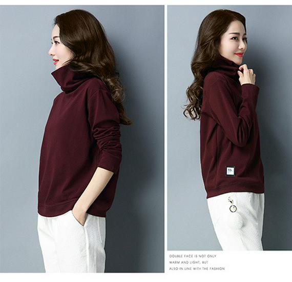 Women's High Neck Fleece-Lined Loose Long Sleeve T-shirt - 2024 Trendy Autumn/Winter Korean Style