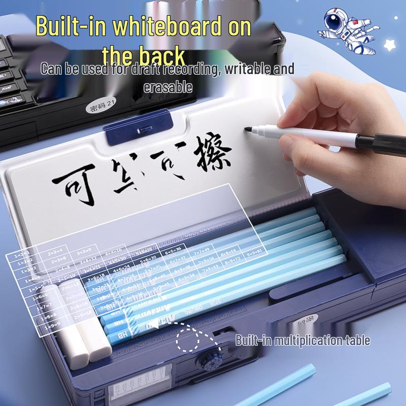 Multifunctional Blue Combination Lock Pencil Case for Boys - Black Technology Design for Elementary Students