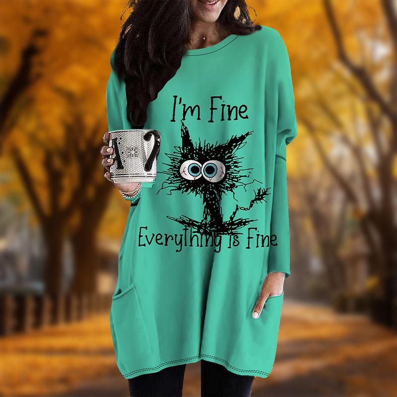 New In Autumn Melancholic Cat Print Plus Size Dress Women O'neck Long Sleeves Casual Pocket Dresses