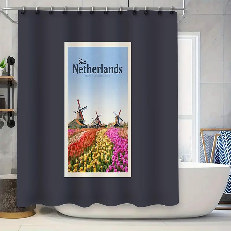 

Dutch Tulips Flowers Shower Curtain Vintage Netherlands Landscape Bathroom Decor Set W60H190(CM)-1 Pcs
