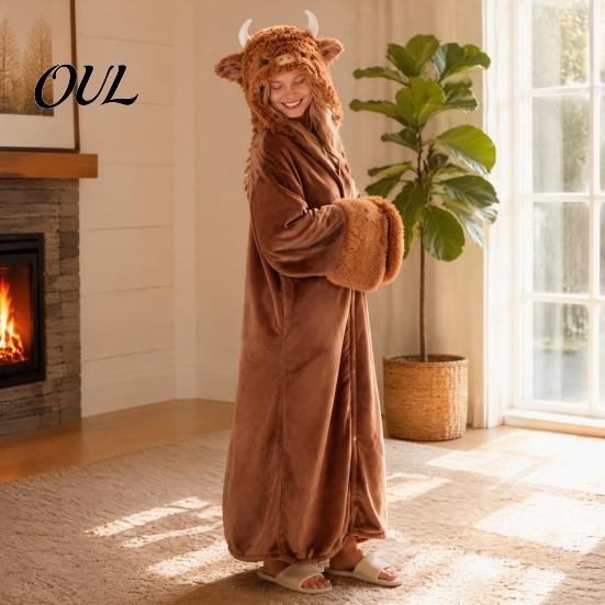 Lightweight Velvet Gown Animal Wearable Blanket Hoodie for Women, Oversized Flannel Sweatshirt Soft Loungewear Blanket, Button-Up Cosplay Cape