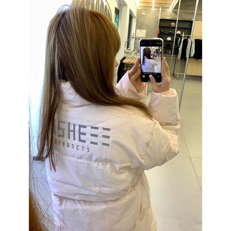 

Женская розовая хлопковая куртка со стойкой: Осень/Зима Теплый Свободный Стиль Колледжа 2XL