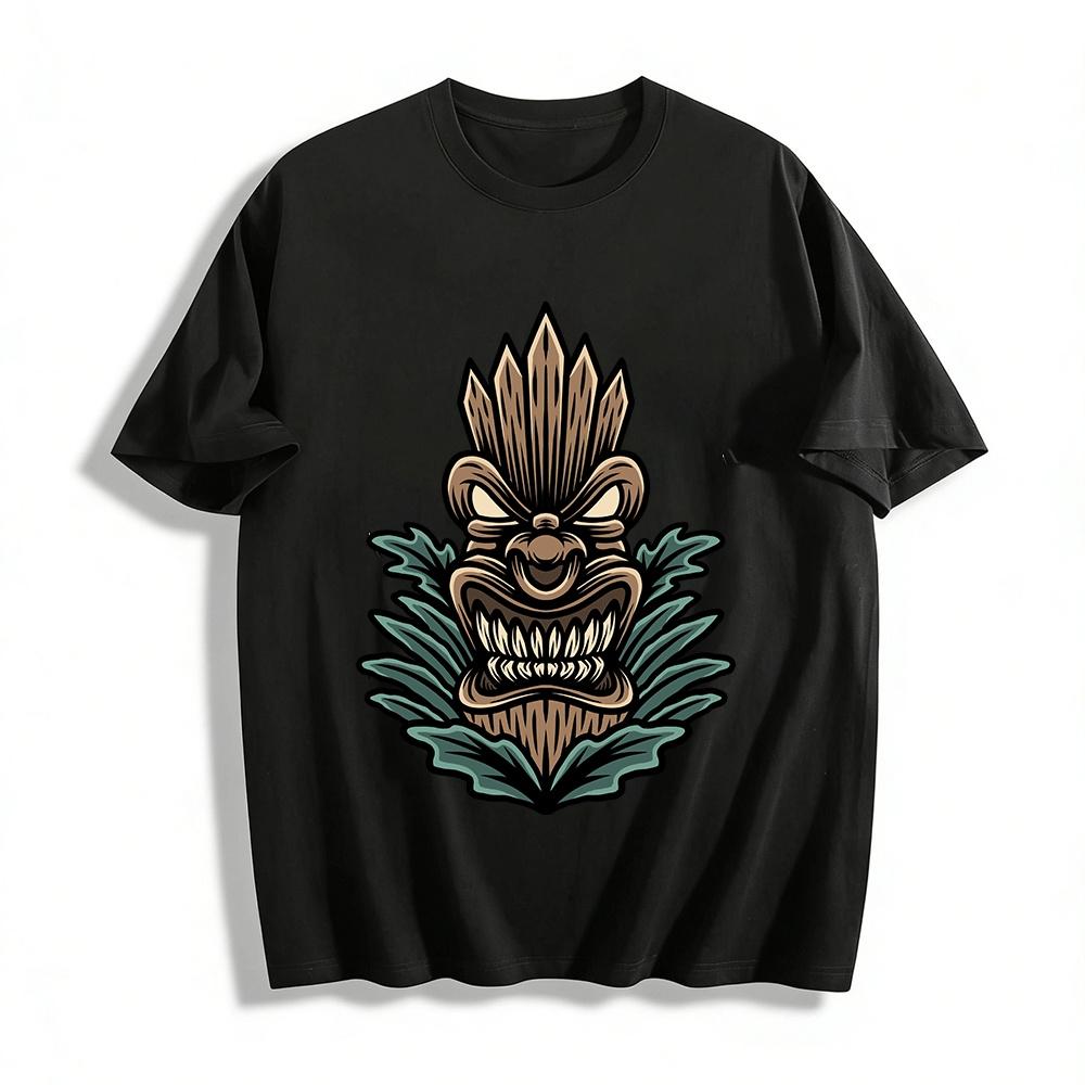 Vintage Tiki Totem Print Casual Short Sleeve T-Shirt Pure cotton T-shirt XXS