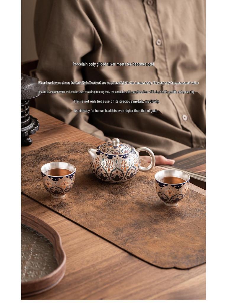 Chinese Silver-Plated Tea Set: Teapot & Cups Gift for Elders, Friends, Housewarming, or Birthday Souvenir.