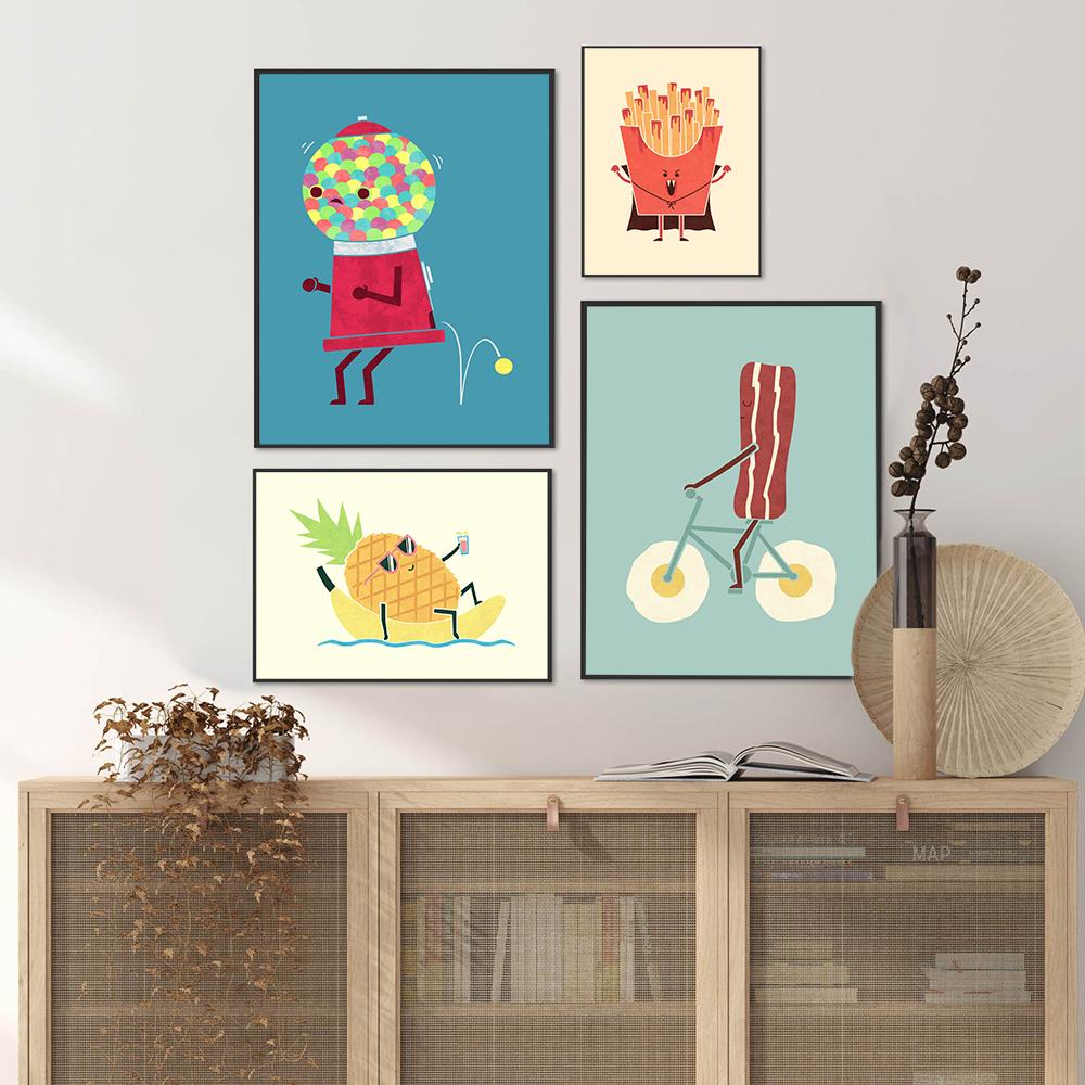 Nordic Cartoon Foods Fruits Wine Wall Art Prints Canvas Funny Eggs French Fries Posters Pictures Kitchen Kid Room Cuadros Decor