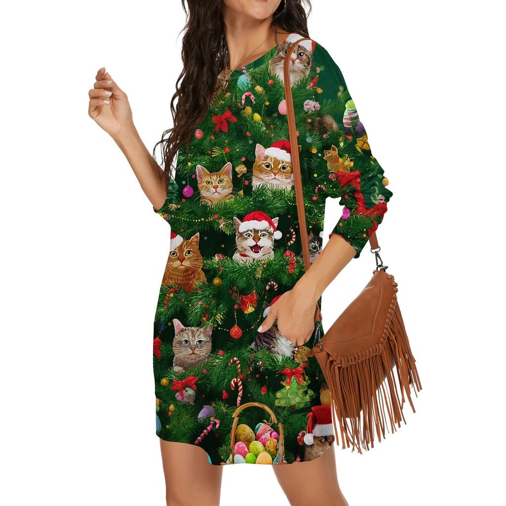 Women's Snowflake Print Fashionable Long-sleeved Round-neck Pocket Dress