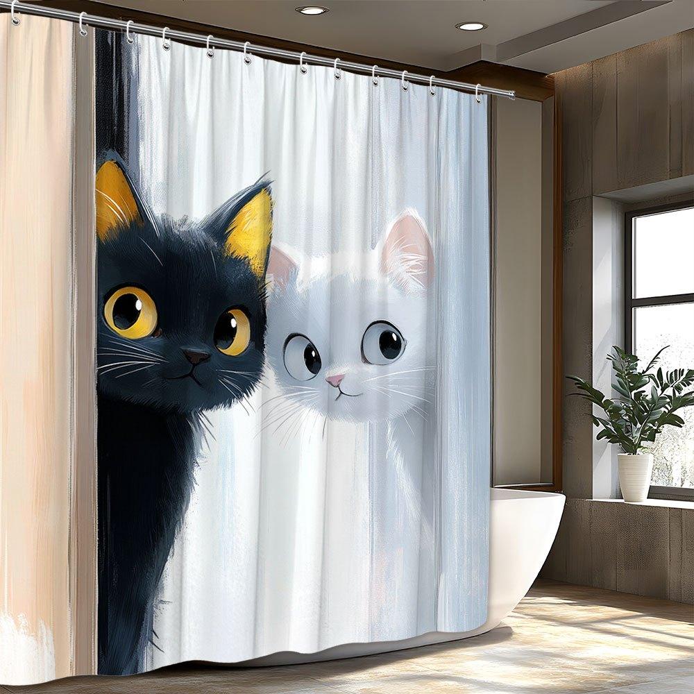 1pc Playful Cartoon Cat Shower Curtain - Black and White Peeking Cats Design with Pastel Background