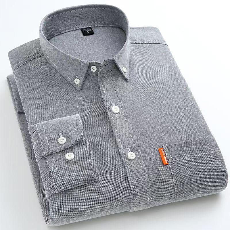 Men's Versatile Long-Sleeve Cotton Oxford Shirt - Solid Color for Spring & Autumn Business Casual
