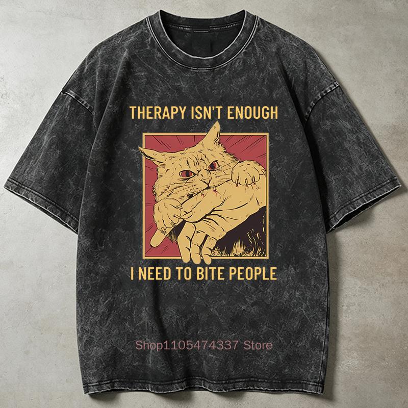 Therapy Isn't Enough Cat Print Washed T-shirts for Women Summer Casual Fashion Vintage Streetwear Crew Neck Short Sleeve Tees