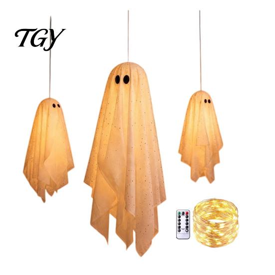 Beleuchtetes Geister-Set für Bäume 3 Stück Halloween Beleuchtete Hängende Dekorationen, Leuchtende Warme LED Schwebende Geister, Schwingende Ornamente Außen Display Baum