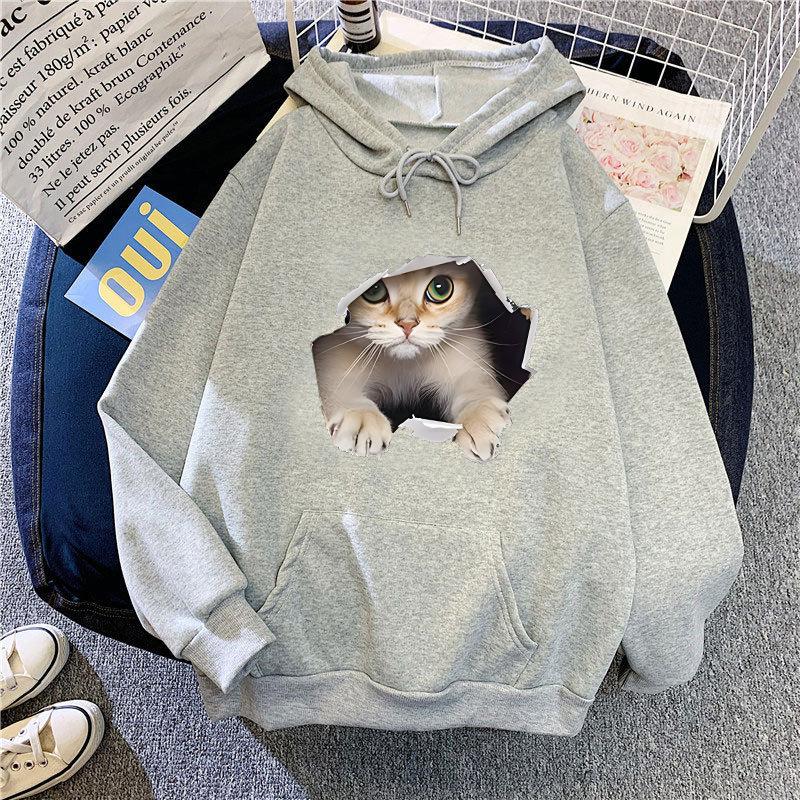 Autumn and Winter Cat Print Loose Hooded Sweatshirt 7013