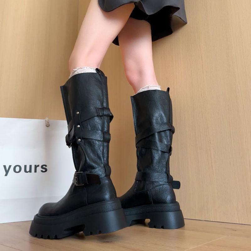 Maillard Small Belt Buckle Boots Women's Autumn and Winter New Thin Western Boots Straight Long Knight Boots