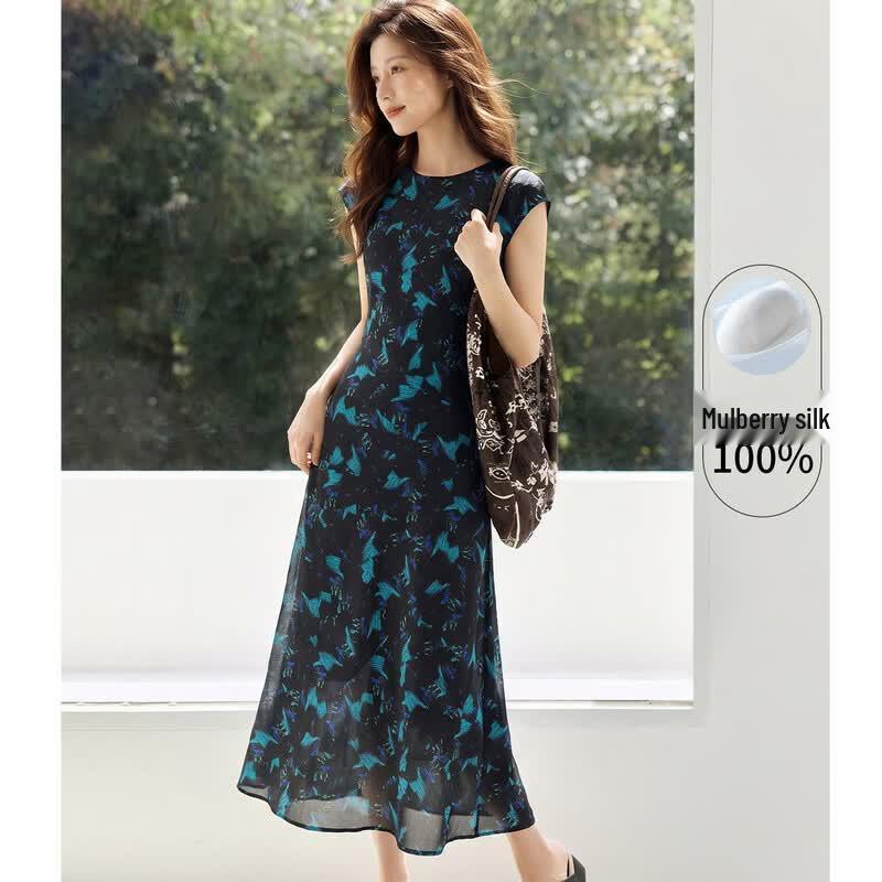 Women s 100% Mulberry Silk Round Neck Sleeveless Midi Dress M