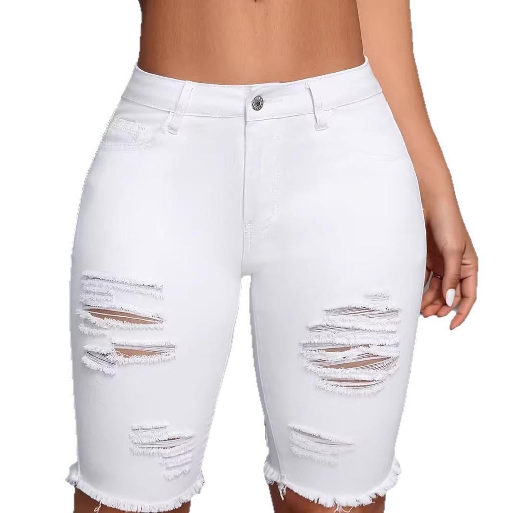 Women's White Frayed Retro Denim Capris with European Size and Ripped Details