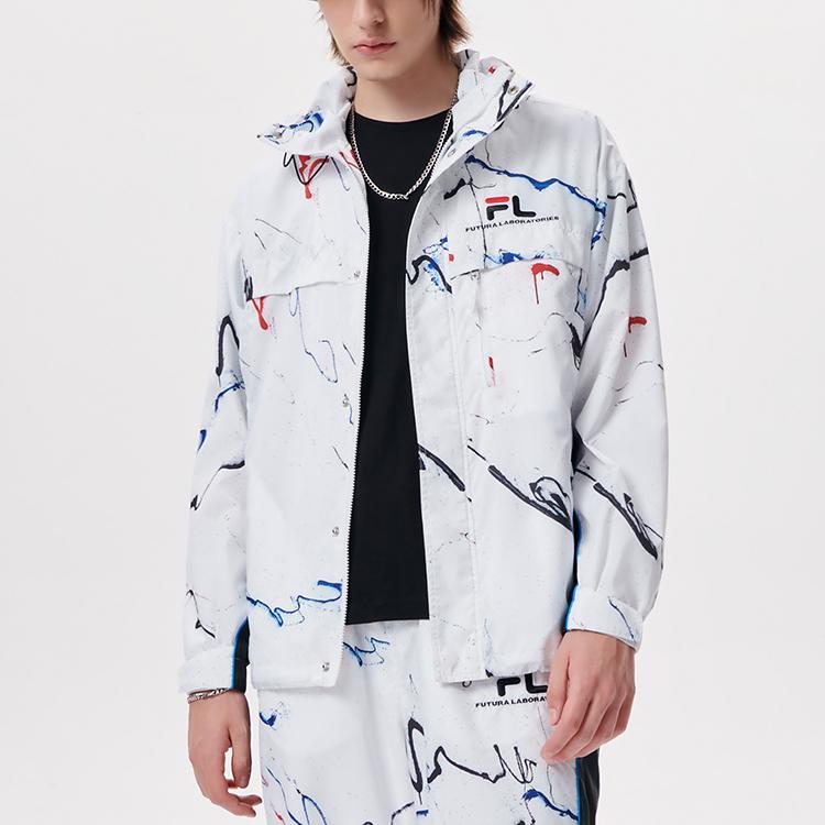 FILA Fusion X Futura Collaboration Splash Print Woven Sports Hooded Jacket Men jackets White T11M138704F-WT