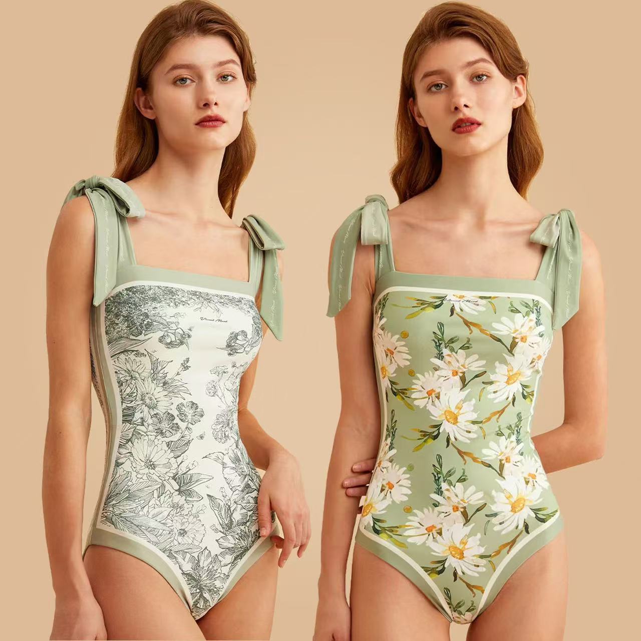 

2026 Double-sided Printed One-piece Swimsuit Retro Style Small Fresh Tube Top Lace-up One-piece Swimsuit XL зелений