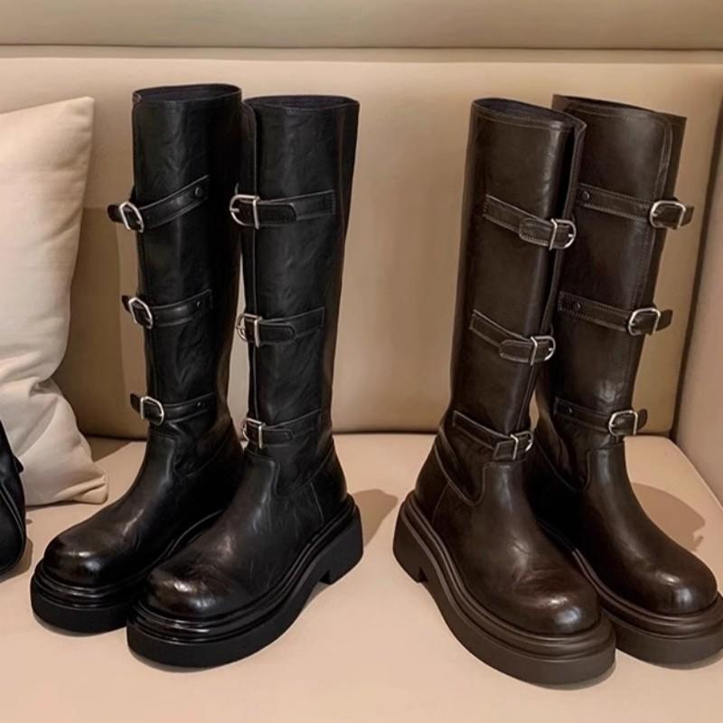 Novo Estilo Botas de Cano Longo de Sola Grossa Mulheres Outono Inverno Botas de Cavaleiro Comprimento do Joelho Fivela Cano Fino e Alto Zapatos Mujer