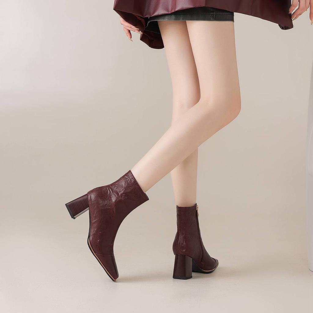 Krazing Pot Sheepskin Autumn Winter Shoes Thick High Heels Big Size 43 Modern Boots Square Toe Keep Warm Zip Pleated Design Ankle Boots
