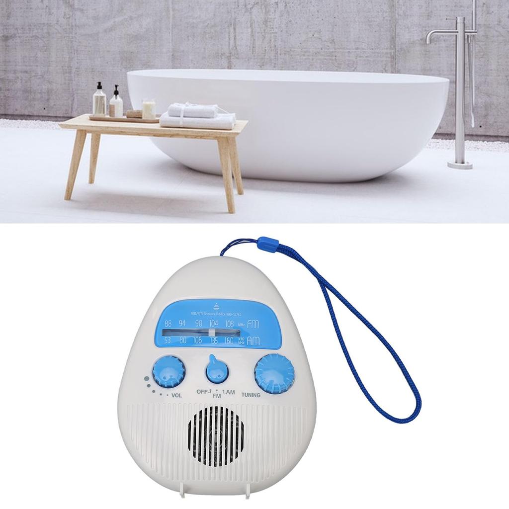 AM/FM Radio with Built-in Speaker, Portable Bathroom Radio, Battery-Operated, Dustproof and Waterproof, Compact, for Bath and Bathroom Use