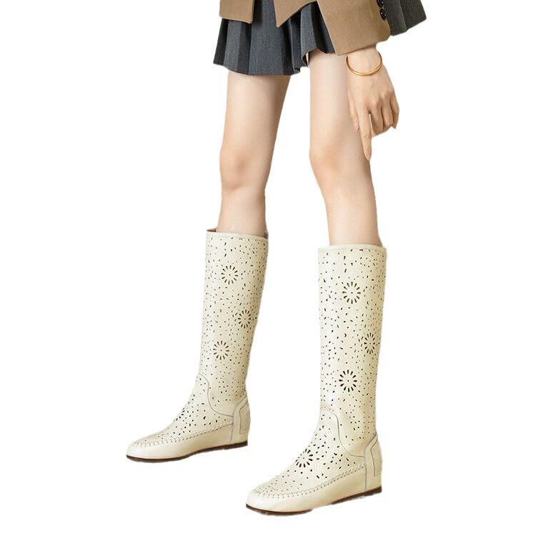 Leather breathable hollow boots women's 2025 new carved slope heel soft bottom hole cool boots women's inner height increase Martin boots